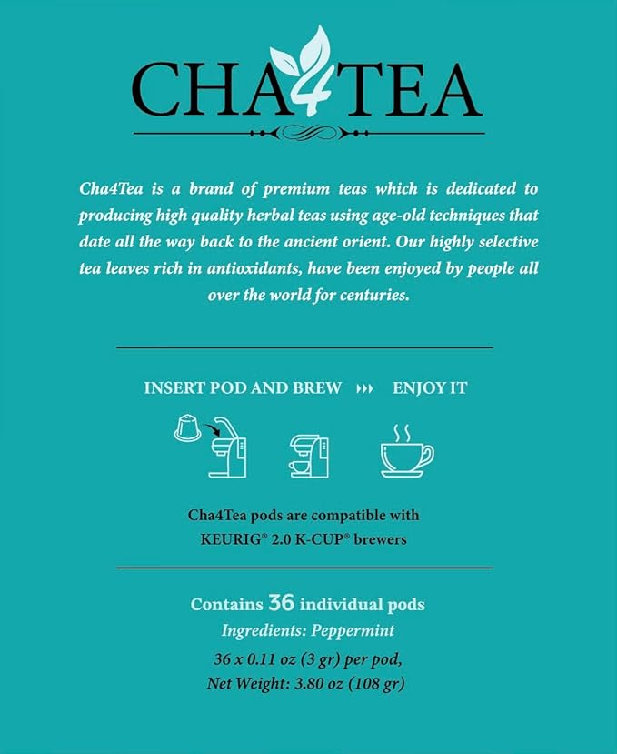 Cha4TEA 36-Count Peppermint Herbal Tea Pods Compatible with Keurig Brewers