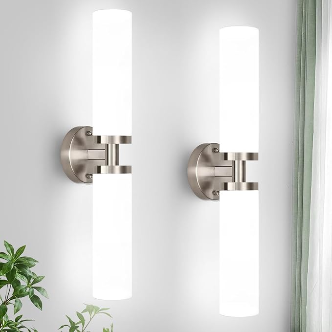 Wall Sconces Set of Two, Brushed Nickel Gold Bathroom Sconces Wall Lighting with Milky White Glass, Hardwired Modern Sconces Wall Decor Set of 2 Bathroom Light Fixtures for Mirror Living Room Bedroom