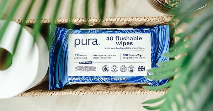 Pura XL Flushable Adult Wipes Unscented, Extra Large Family Wet Wipes with Aloe Vera & 99% Water, Sensitive Skin, 12 Pack of 40 (480 Wipes), Personal Hygiene Toilet