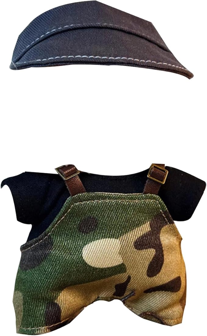 Camouflage Three-Piece Set for Labubu, Denim Overalls & Hat with Shirt for Labubu Clothes, Cool Jumpsuit Outfit