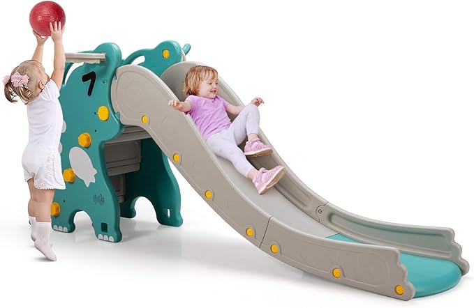 BABY JOY Toddler Slide, Kids Large Slide Play Climber Set with Long Slipping Slope, Basketball Hoop and Ball, Enclosed Steps, Easy Assemble Indoor Outdoor Backyard Freestanding Slides for Kids Age 1-8