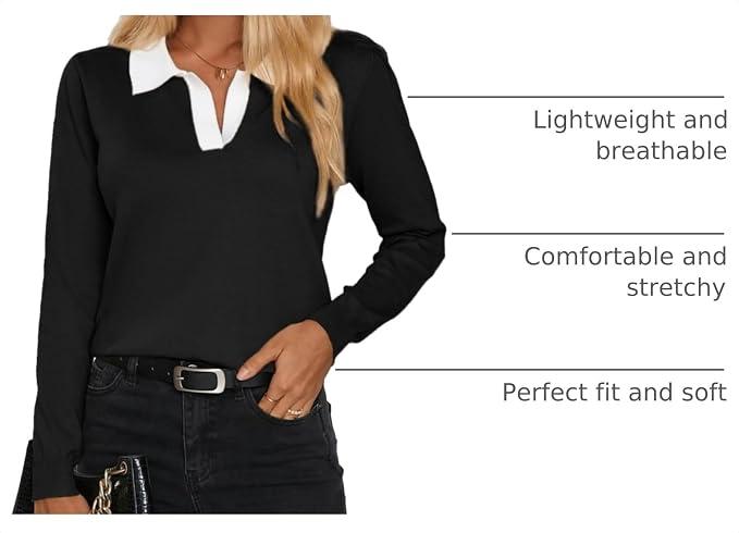 Women's Long Sleeve Classic V Neck Casual Fall Winter Polo Sweater Tops | Basic Collared Knitted Fashion Work Business Formal Daily Wear Versatile Pullover Shirts