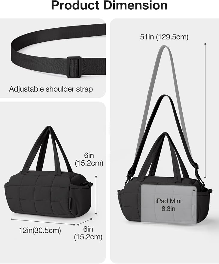 Noozion 12 Inch Mini Gym Bag for Women, Lightweight Quilted Crossbody Duffle Bag with Wet Pocket, Dual Side Pockets, Adjustable Strap, Small Workout Bag for Yoga, Pilates, Swimming & Daily Use