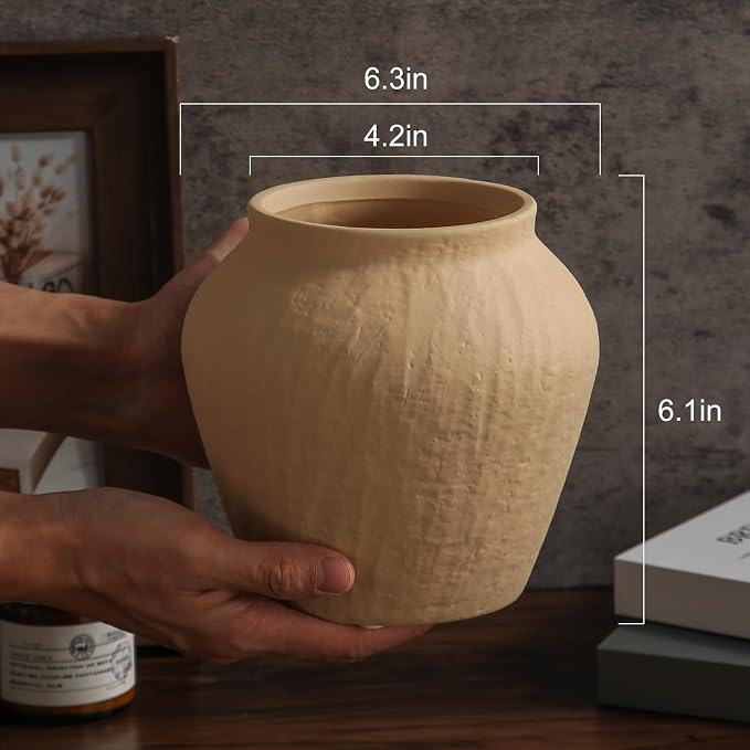 Farmhouse Ceramic Vase - Yellow Rustic Vintage Flower Vase for Home, Living Room, Shelf and Dining Table Decor-6.1IN.