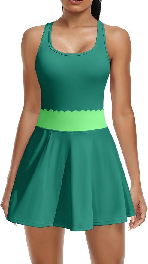 ATTRACO Tennis Outfits for Women Racerback Golf Dress Workout Dress | Athletic Skirt Set, Built-in Shorts, 2 Pockets, Scalloped, Racerback, High Waisted, Pickleball, Workout Set