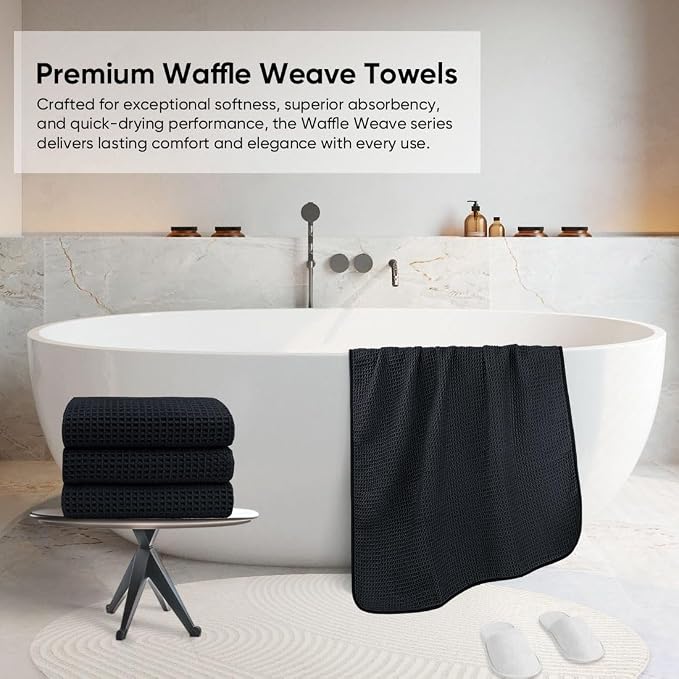 HOMEXCEL Waffle Bath Towels Set 4 Pack, Premium Microfiber Bathroom Towels, Lightweight, Highly Absorbent and Quick Dry Towel for Bathroom, Gym, Shower, Hotel, and Spa, 30 x 60 Inch, Black
