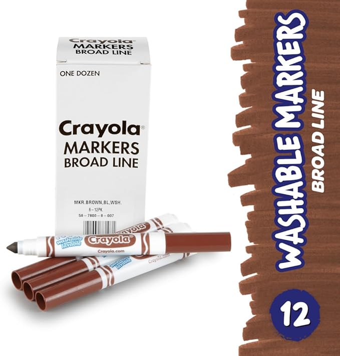 Crayola Broad Line Washable Markers, Broad Bullet Tip, Brown, 12/Box