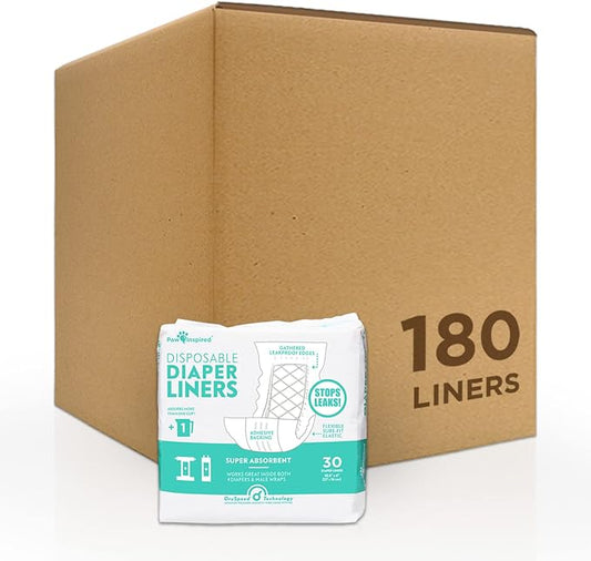 Paw Inspired Disposable Leakproof Dog Diaper Liners, 180 Count | Bulk Size Pack Box, Super Absorbent Inserts for Reusable Washable Male & Female Dog Diapers & Belly Bands, Waterproof Backing