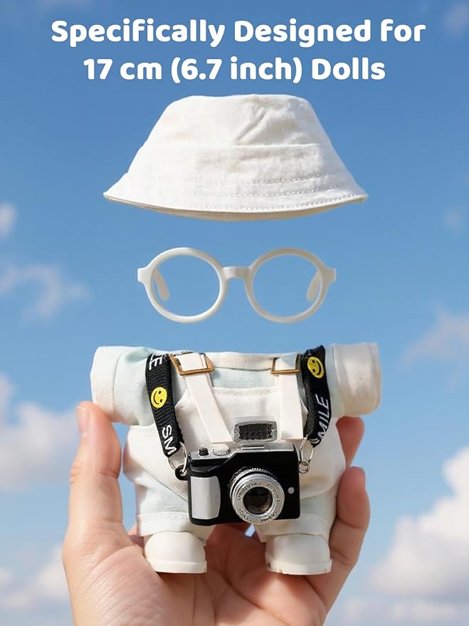 17cm Doll Clothes Set, Hat & Overalls & Shirt & Shoes & Glasses & Camera Set for 17cm Accessories Suit, Stylish Dolls Clothes Accessories, Cute Clothes for Dress up Unique Style (White)