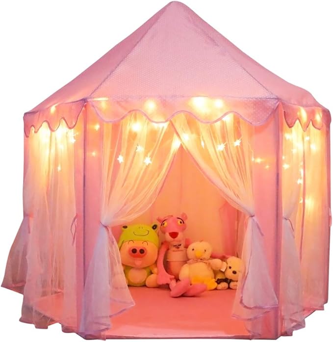 ORIAN Princess Castle Play Tent for Girls, LED Star Lights, Indoor & Outdoor Playhouse, Polyester, Pink, 55" x 53", Toddler & Kids Toys Ages 2–7