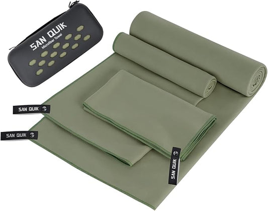 Quick Dry Camping Towel with EVA Case, Microfiber Travel Towel 3 Size at 1 Pack, Super Absorbent Lightweight Fast Drying Towel Set for Beach, Gym, Sports, Backpacking, Yoga & Swimming Pool, Army Green