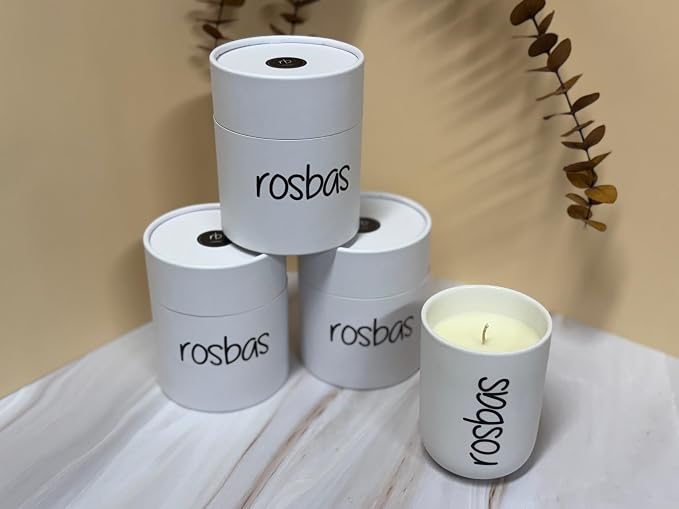 rosbas Vanilla Soy Wax Candle - 8 oz in Ceramic Jar – Clean Burning, Long Lasting, Boxed, Home Fragrance, White, Made in USA