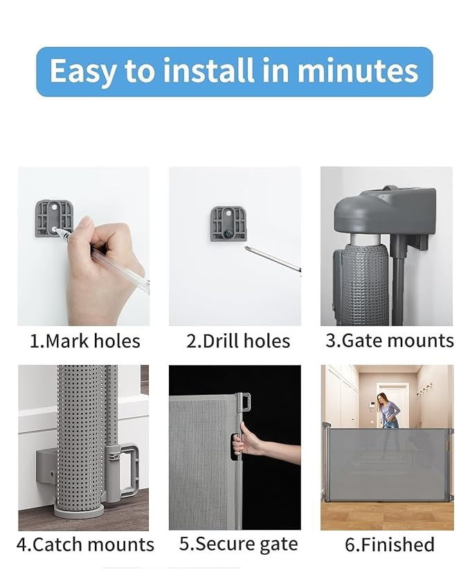 Veraste Retractable Baby Gate for Doorways and Stairs, Mesh Safety Gate for Pet, Indoor & Outdoor Use, One-Hand Operation, Easy Installation, 33.6" Tall, Expands to 55" Wide（Grey,33.6"x55"