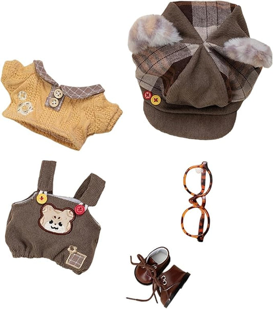 CALEMBOU Soft Stuffed Animal Clothes, Cute 20cm Plush Doll Clothe Set for Stuffed Animals, Hat Shirt Shoes Glasses Bag Bib Pants 20cm Doll Clothes (Leopard Doll Clothes Set-20cm/8)