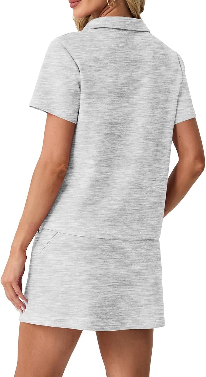 GRECERELLE Women's Summer 2 Piece Skort Set Half Zip Short Sleeve Top & Pocketed Tennis Skirt For Sports & Vacations.