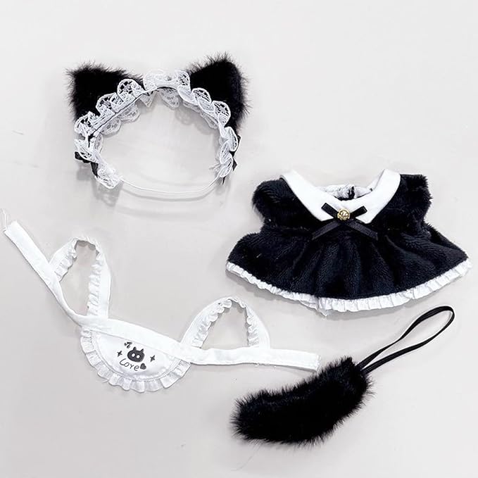 Maid Dress for Labubu, Cute Plush Cat Ears & Tail & Dress & Apron, 4pcs Kawaii Clothes Accessories Set for 17cm Doll, Halloween Cosplay Costume Dress-up Outfits (No Doll Included) (StyleA Cat Maid)