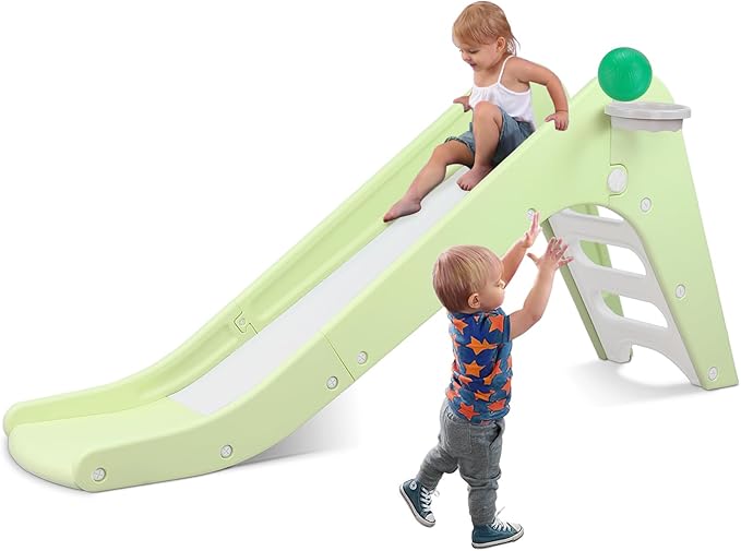 Arlopu Freestanding Kids Slide, Toddler Slide Climber with Basketball Hoop & Ball, Baby Playset w/Long Slope, for Boys and Girls Birthday, Sturdy Playground Toy for Indoor Outdoor Age 3+ (Light Green)