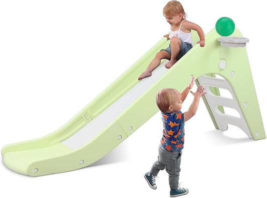 Arlopu Freestanding Kids Slide, Toddler Slide Climber with Basketball Hoop & Ball, Baby Playset w/Long Slope, for Boys and Girls Birthday, Sturdy Playground Toy for Indoor Outdoor Age 3+ (Light Green)