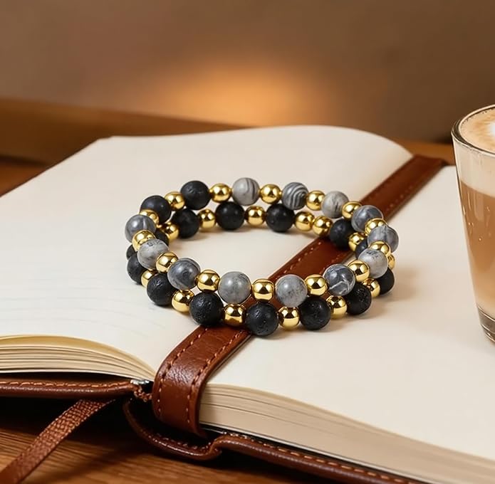 Caiyao 2Pcs Matte Lava Rock Volcanic Stone Beads Stretch Bracelet Stacking Essential Oil Diffuser Tiger Eye Seed Energy Yoga Bracelet for Men Women Couple Stress Relief Healing Aromatherapy Jewelry