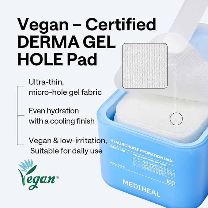 MEDIHEAL Toner Pads 100 Count - Hyaluronate 99% Pure Low-Molecular Hyaluronic Acid - Intensive Hydration&Soothing - Contains Squalane to Increase Absorption - Vegan Gel Texture Pad, Korean Skin Care