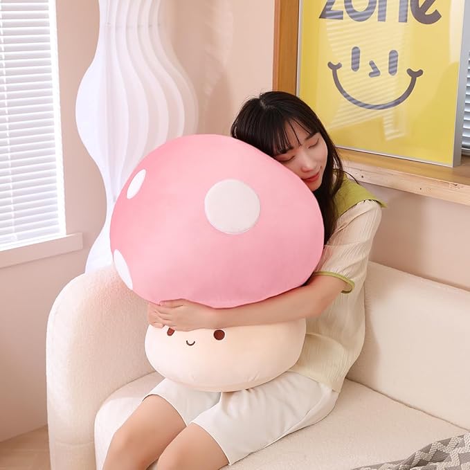 Cute Pink Mushroom Plush Pillow, 3D Soft Mushroom Plushie Hugging Pillow Gift for Girls Kids, Christmas Birthday Decor