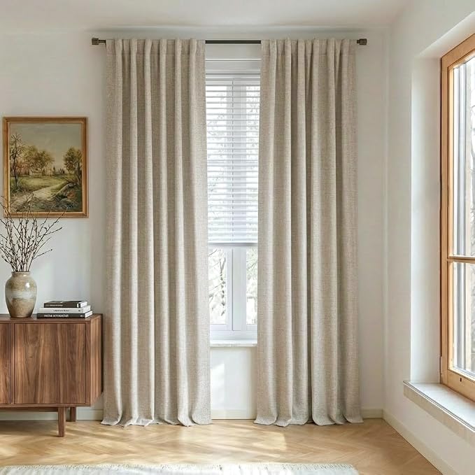 NICETOWN Linen Blackout Curtains for Bedroom, W52 x L92 Inch, Set of 2, Natural, Thick Insulated Draperies with Gray Liner, Rod Pocket & Back Tab Window Draperies for Cottage Bedroom, Dining Room