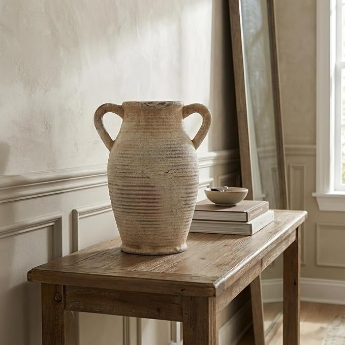 Emotionally Grounded Vase, Vaseking Large Ceramic Rustic Vase with 2 Handles, 9.8 inch Minimalist Decorative Farmhouse Tall Vases for Home Decor, Living Room, Enterway, Wedding, Fired Terra Clay
