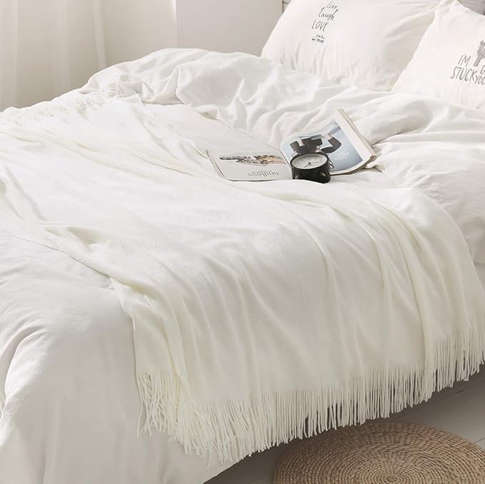 Homiest Ivory Knitted Throw Blanket with Fringe, 50x60 Inch | Pure Acrylic, Lightweight & Breathable, All-Season Use, Machine Washable, Wrinkle & Fade Resistant, for Couch Sofa And Bed