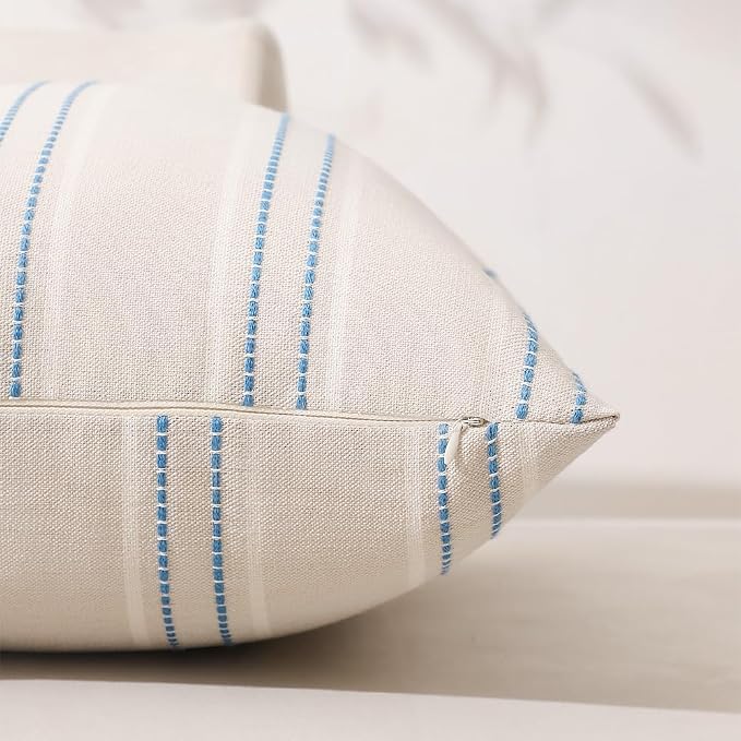 Hckot Striped Throw Pillow Covers 16x16 Set of 2 Lake Blue Pillow Covers | Farmhouse Decorative Pillows Textured Linen Square Cushion Covers for Sofa Couch Bed Living Room Decor(Lake Blue)