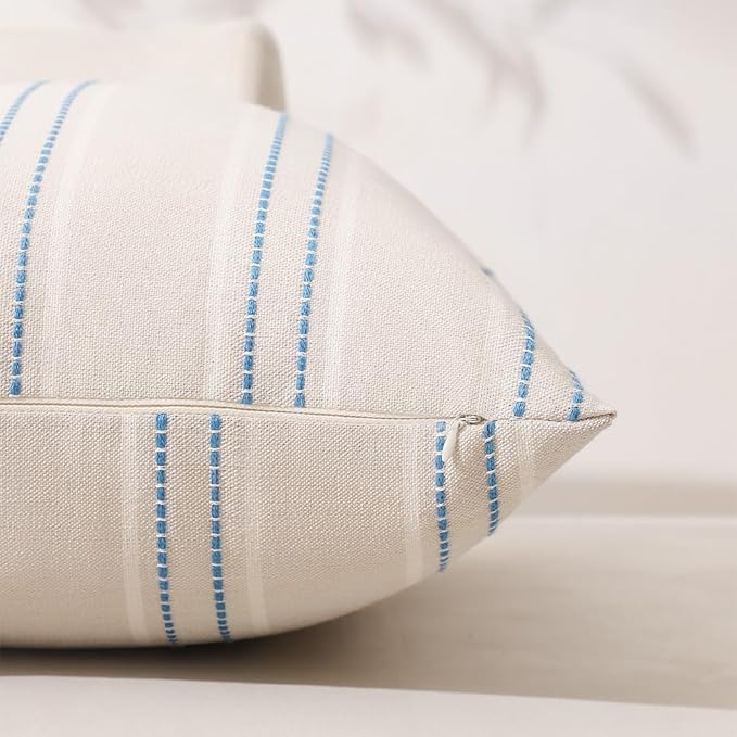 Hckot Striped Throw Pillow Covers 22x22 Set of 2 Lake Blue Pillow Covers | Farmhouse Decorative Pillows Textured Linen Square Cushion Covers for Sofa Couch Bed Living Room Decor(Lake Blue)