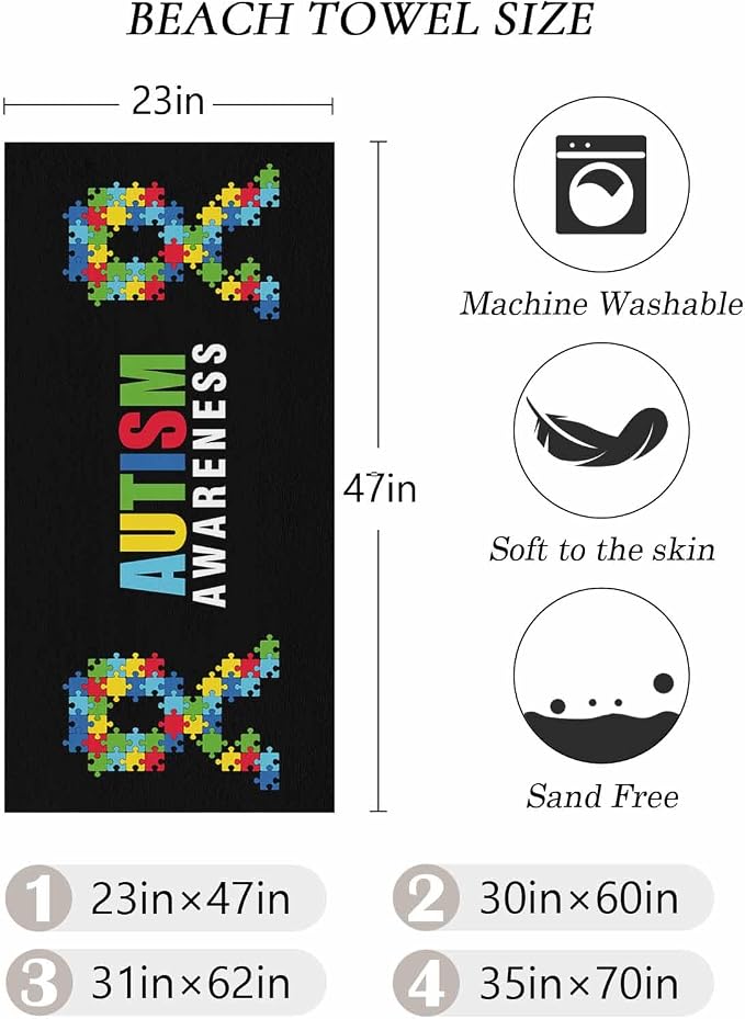 YOUNGKIDS Abstract Retro Oversized Beach Towels - 35x70in Microfiber Beach Towels Autism Awareness Jigsaw Blocks Pieces Black Quick Dry Lightweight Beach Pool Towel for Travel Camping Yoga
