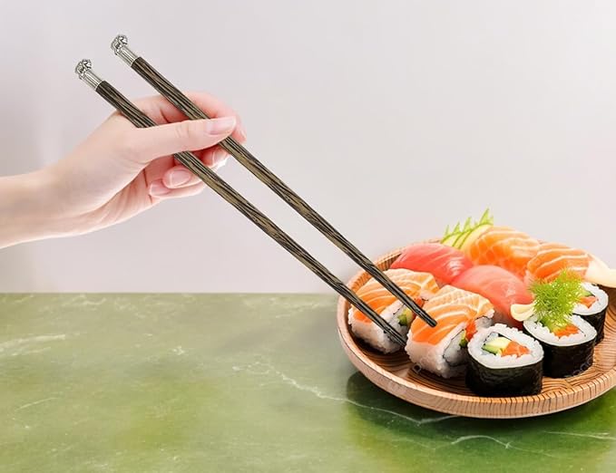Wooden Chopsticks 9⅞" Long Coconut Palm Wood Chopstick Metal Elephant Top Eating Utensils Oriental Cutlery Asian Tableware Decorative Dinnerware to Serve Chinese Japanese Korean Food