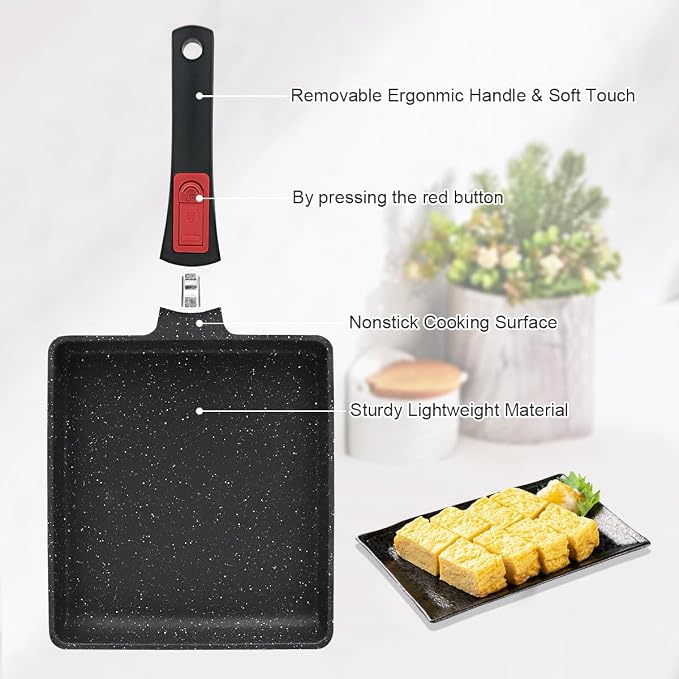 AIKENBBKK Tamagoyaki Japanese Omelette Pan, Japanese Egg Pan, Square Egg Pan Nonstick, Induction-Ready, Detachable Handle, with Silicone Spatula, PFAS & PFOA-Free, Oven Safe, Black, 9" x 8.2"
