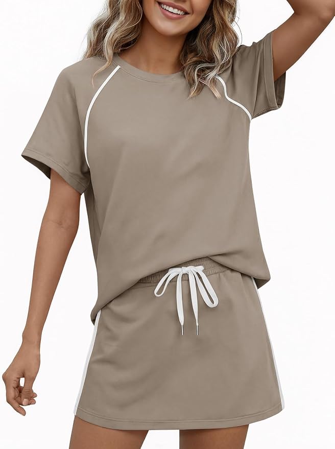 Womens 2 Piece Skirt Sets Summer Tennis Outfits Vacation Skort Set | Two Piece Sets, Short Set, Athletic Workout Golf Outfits, Crew Neck, Color Block, Drawstring, Workout Mathcing Lounge Sets