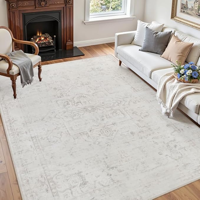 6x9 Area Rugs for Living Room: Vintage Boho Neutral Washable Rug Indoor Soft Large Area Rug Carpet for Bedroom Nursery Farmhouse Dining Room Office Floor Non-Slip Low Pile Under Table Neutral Cream