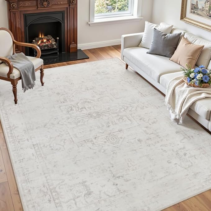 5x7 Area Rugs for Living Room: Vintage Boho Neutral Washable Rug Indoor Soft Large Area Rug Carpet for Bedroom Nursery Farmhouse Dining Room Office Floor Non-Slip Low Pile Under Table Neutral Cream