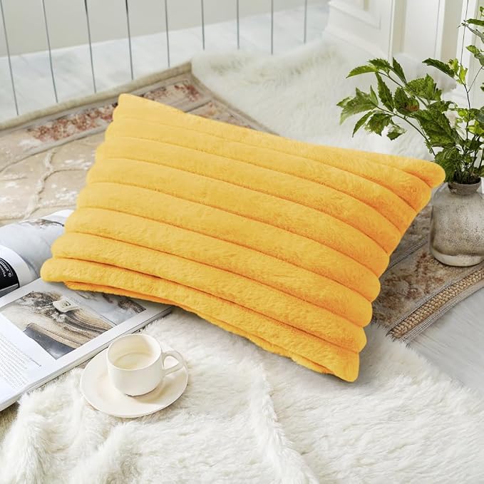 decorUhome Fall Faux Fur Throw Pillow Covers 12x20 Set of 2 Mustard Yellow | Decorative Soft Cozy Striped Plush Modern Farmhouse Boho Couch Pillow Cases Velvet Back for Sofa Bed Living Room Home Decor