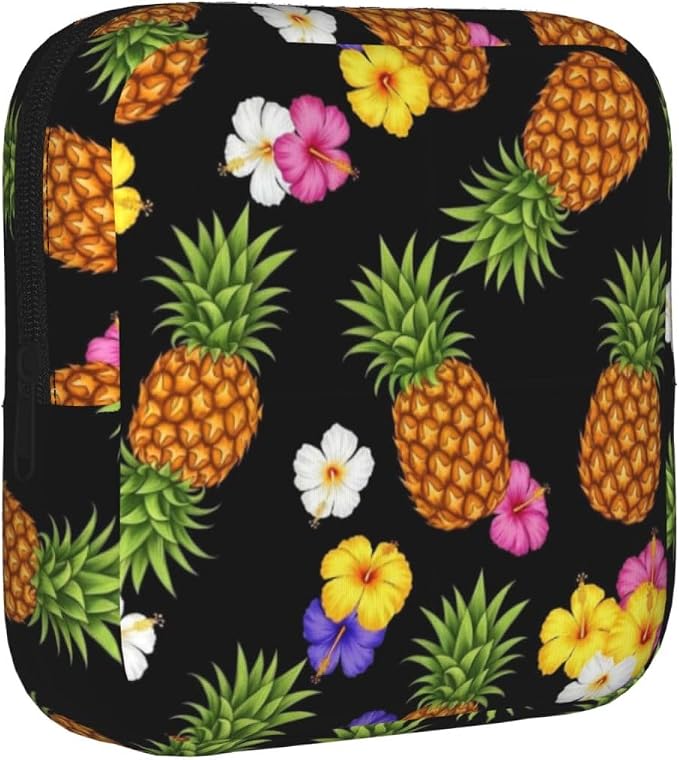 Cute Menstrual Pad Pouch with Zipper, Tropical Plants Pineapple Funny Floral, Reusable Polyester Feminine Product Organizer, Storage Bag for Daily Travel