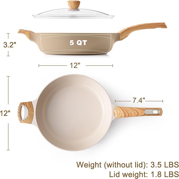 SENSARTE Ceramic Nonstick Frying Pan Skillet with Lid, 12 Inch Large Deep Frying Pan, 5 QT Saute Pan, Induction Pan, Healthy Non Toxic Cooking Pan with Helper Handle, PFOA PFAS PTFE Free