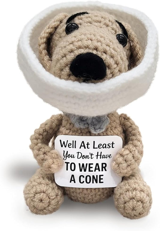 Well at Least You Don’t Have to Wear a Cone – Funny and Thoughtful Crochet Dog Gift – 4.5" Handmade Plush for Surgery Recovery, Vasectomy Humor, or Quirky Retirement Gift