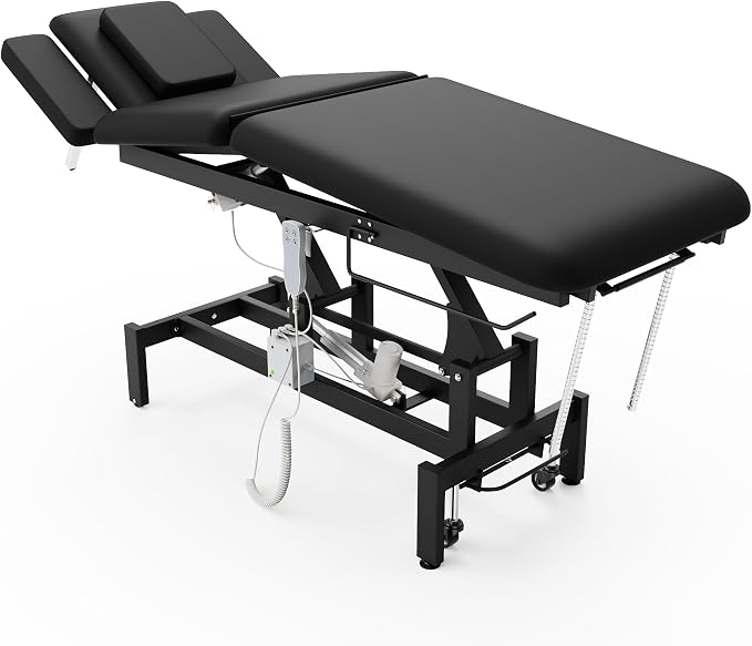 Professional Electric Massage Table, 2 Motors Hydraulic Electric Lift Adjustable Waist and Height Lifting Functions for Treatment/Physical Therapy/Spinal Massage/Facial Spa/Waxing/Tattooing - Black