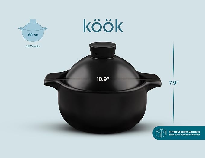 Kook Korean Dolsot Bowl with Lid, 68 oz | Donabe Style Cookware for Bibimbap, Kimchi, Soups & Stews | Oven & Dishwasher Safe, Black