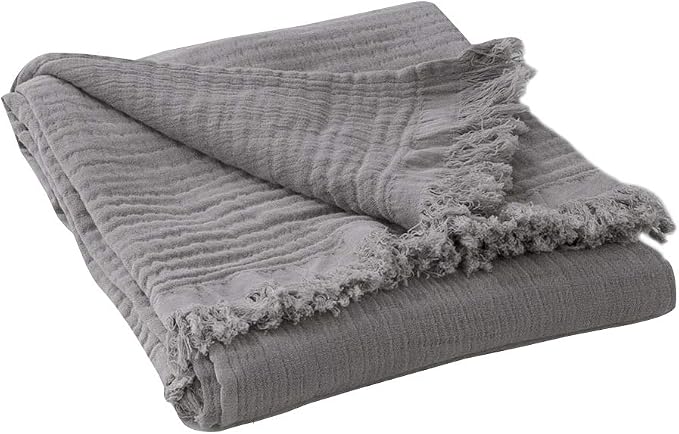Simple&Opulence Cotton Muslin Throw Blanket for Bed, Couch, Knit Woven Gauze Blanket with Tassels, Soft Lightweight Cozy Pre-Washed Breathable Farmhouse Decoration for All-Season (Grey)