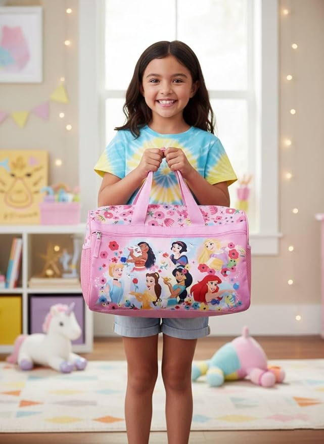 Disney Princess Kids Duffle Bag 16.5" – Travel & Sports Bag with Zipper Pocket, Mesh Side Pockets & Shoulder Strap