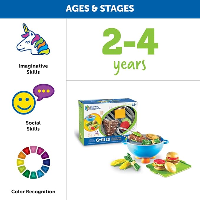 Learning Resources New Sprouts Grill It! Barbecue Set - Play Food for Kids, Kitchen Toys Accessories, Imaginative Play, Fine Motor Skills, Interactive Toddler Activities, Gifts for Boys and Girls