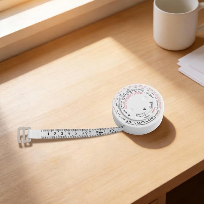 150cm Retractable BMI Tape Measure Body Mass Index Calculator for Diet Fitness Tracking White Plastic Ruler with Push-Button Lock for Waist Hip Chest Thigh Calf Measurement Easy Self-Use Tool