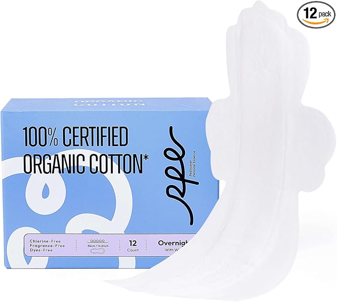 RPE Life 100% GOTS Organic Cotton Overnight Pads, Size 5, 12 Count | Size 5 overnight pads with wings; ultra thin, breathable, unscented protection for heavy flow and nighttime use.