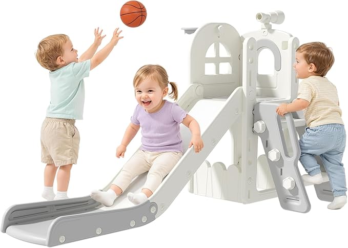 Babytronic Toddler Slide for Kids 1-3, 6-in-1 Toddler Slide Set with Basketball Hoop & Telescope, Indoor Outdoor Toddler Playset, Kids Climber Playset for Small Spaces, Indoor Playground, Cream & Gray