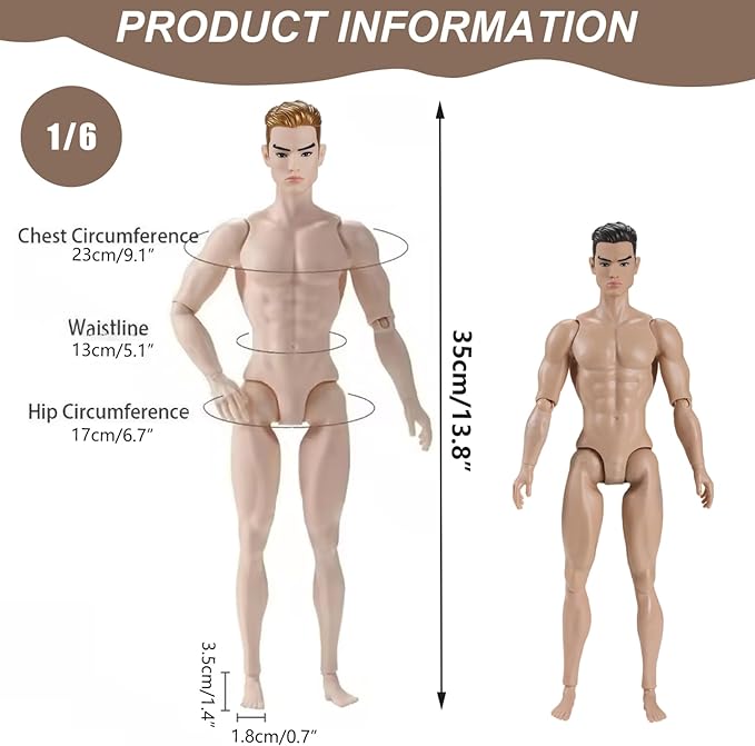 1/6 Scale Action Figure Multi Jointed Posable Male Muscular Action Figure Body with Head for Display Doll Collection, Beige Body Custom Figures Blank