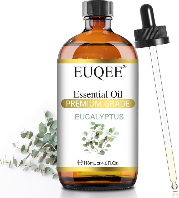 EUQEE Eucalyptus Essential Oil 118ml Pure Eucalyptus Oil with Glass Dropper for Aromatherapy, Diffuser, Soap & Candle Making - 4Fl.Oz